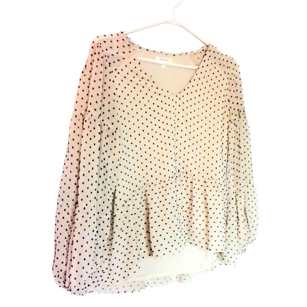 MAURICES EOMENS SMALL BEIGE AND  BLACK POKADOT SHIRT